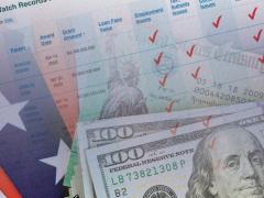 Collage of COVID Stimulus Watch report, with U.S. flag and money